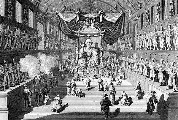 Chrám deseti tisíc idolů v Japonsku, vyrytý A. Thornem, z „World Religion“, vydané nakladatelstvím A. Fullarton & Co. od English School