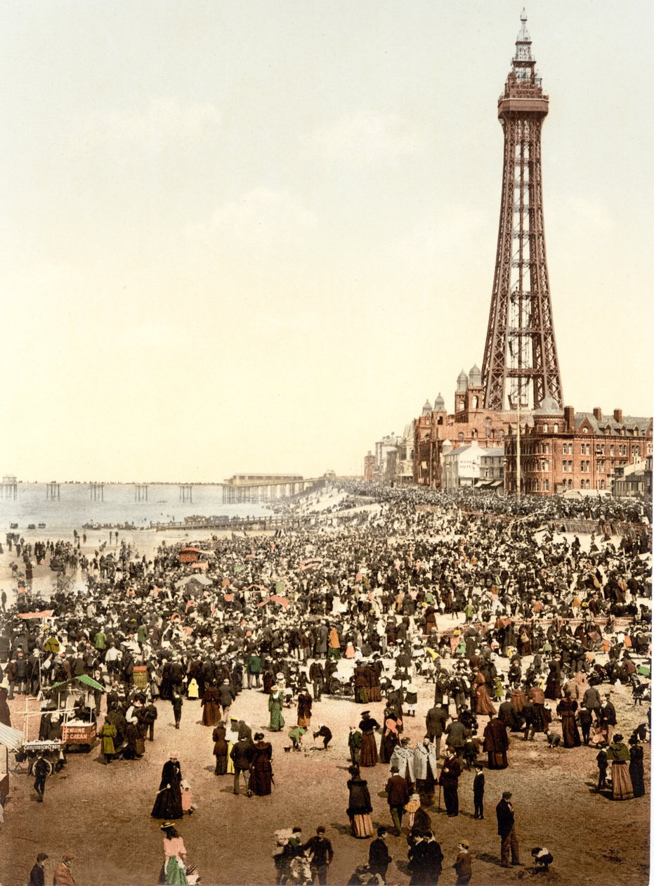 Věž a pláž, Blackpool (ručně kolorovaná fotografie) od English School