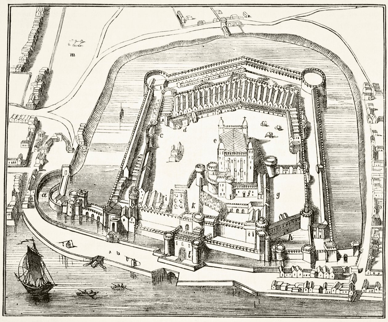 Tower of London v 15. století, z „Národních a domácích dějin Anglie“ od Williama Hickmana Smith Aubrey (1858-1916), publikováno v Londýně, kolem roku 1890 od English School