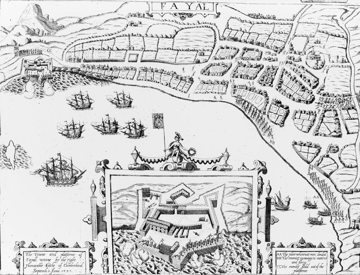 Towne and Platforme of Fayall dobyté správným ctihodným hrabětem z Cumberlandu, 2. září 1589 od English School