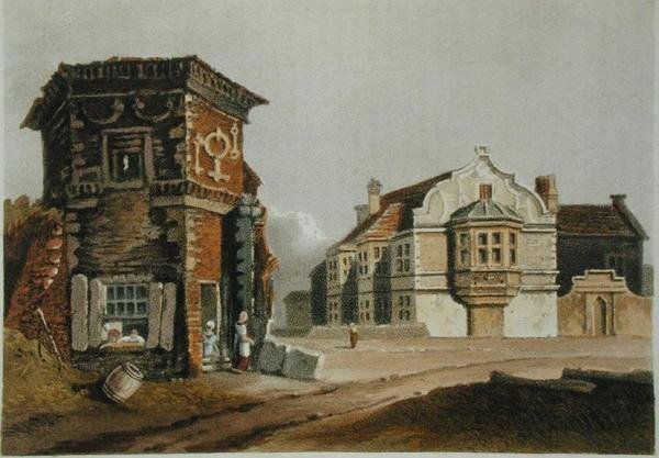 The Treaty House, Uxbridge, z Ackermannova „Repository of Arts“, publikovaného na počátku 19. století (barevné lito) od English School