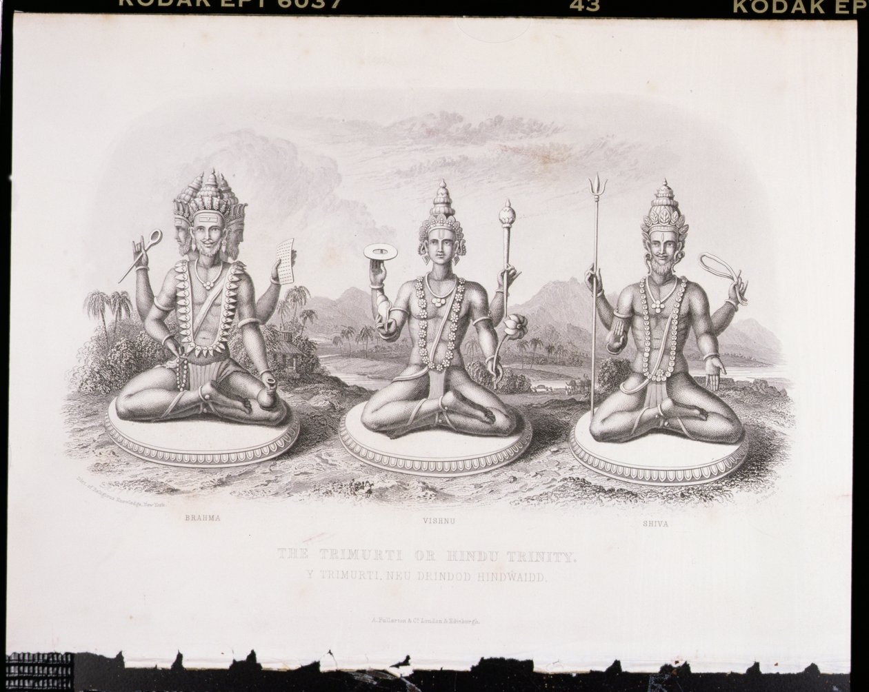 Trimurti neboli hinduistická trojice, rytina A. Thorna, z knihy World Religion, vydané nakladatelstvím A. Fullarton & Co. od English School
