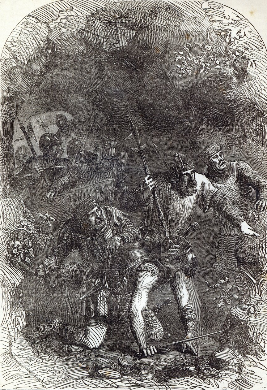 Vojska lorda Montacutea v podzemní pasáži, ilustrace z „Cassell