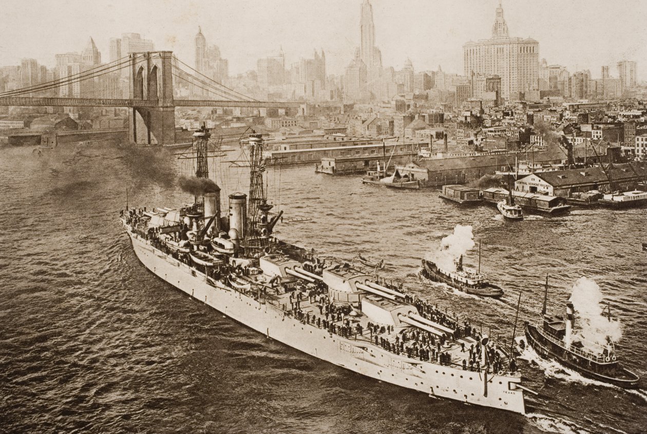 Bitevní loď Spojených států, Texas, Vyplouvání z New York Harbour, ilustrace z „Nástin historie“ od H.G. Wellse, svazek II, vydané v roce 1920 od English School