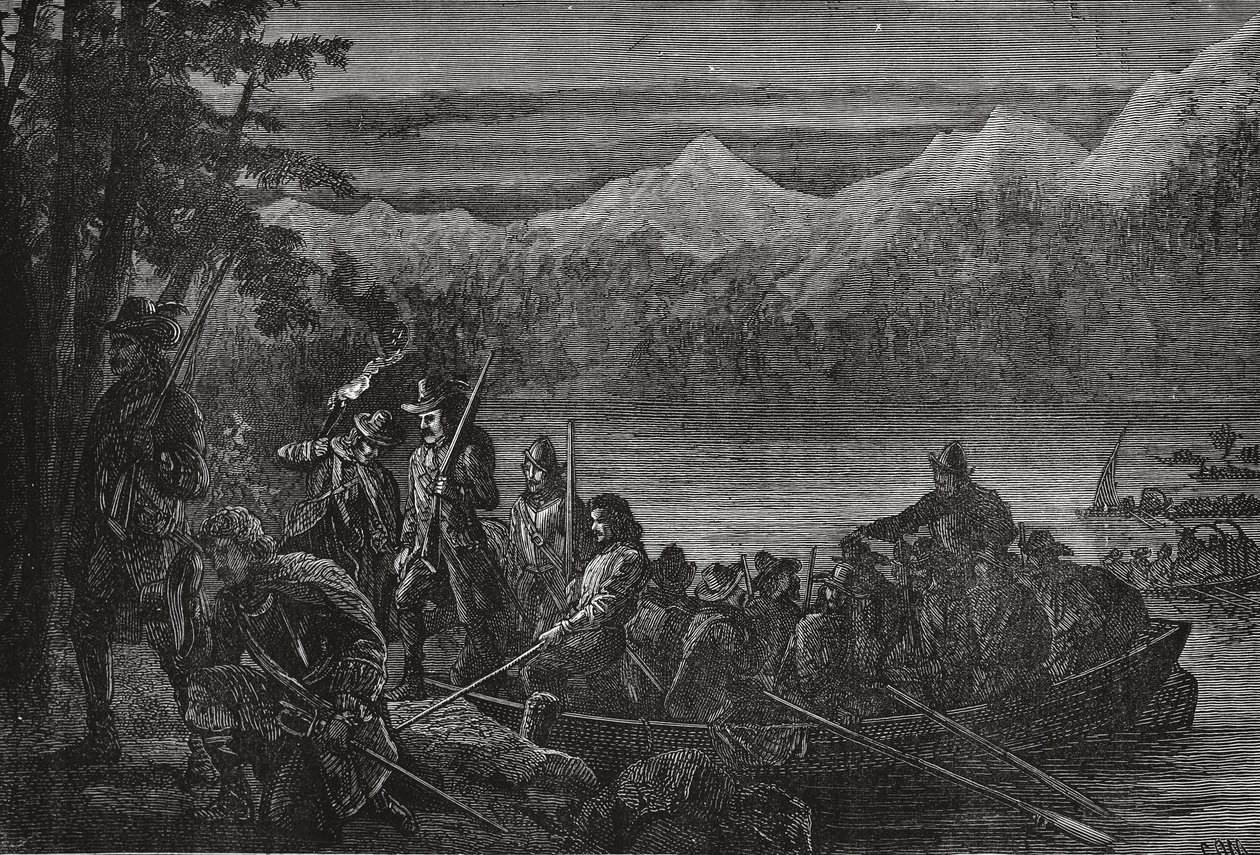 Vaudois překračující jezero Leman v noci, ilustrace z Historie protestantismu od Jamese Aitkena Wylie (1808-1890), hospoda. 1878 od English School