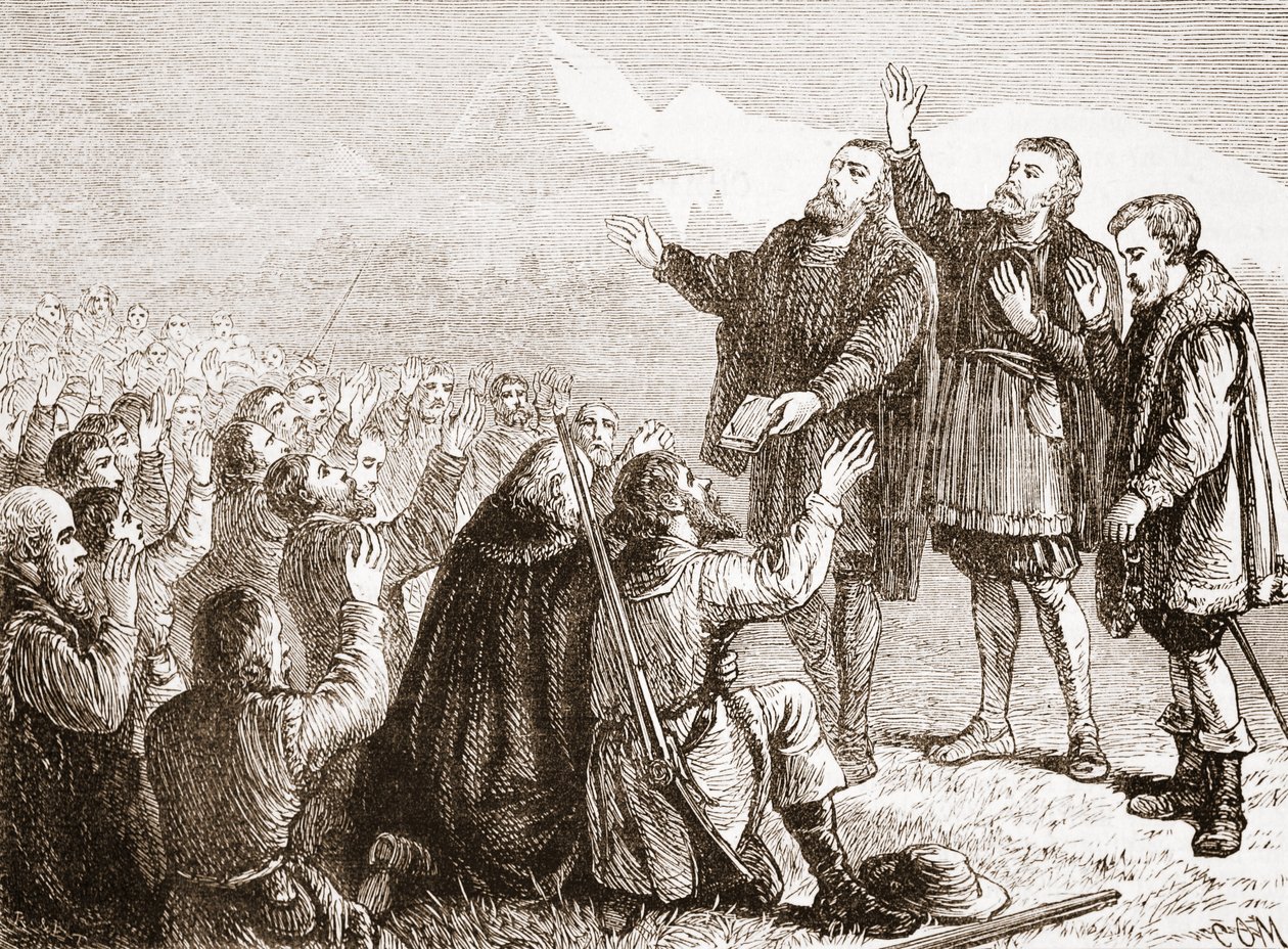 Vaudoisové skládající přísahu, ilustrace z Historie protestantismu od Jamese Aitkena Wylie (1808-1890), hospoda. 1878 od English School