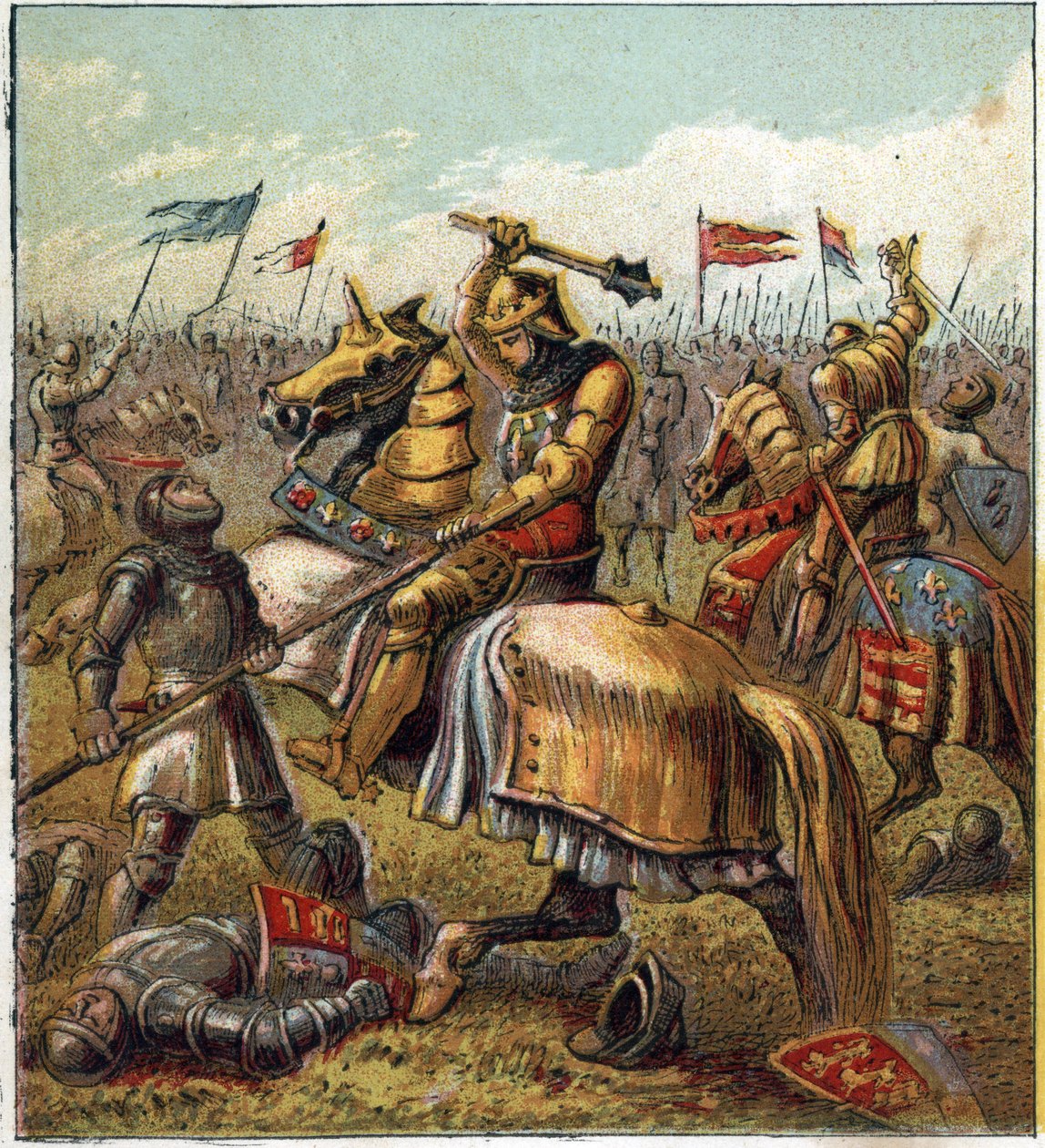 Válka dvou růží (1455-1485): Bitva mezi Royal House of York a Royal Mason of Lancaster. Ilustrace anglické občanské války zrozené rozdělením nástupců krále Edwarda III. (1327-1377) na dvě větve. Válka Ros od English School