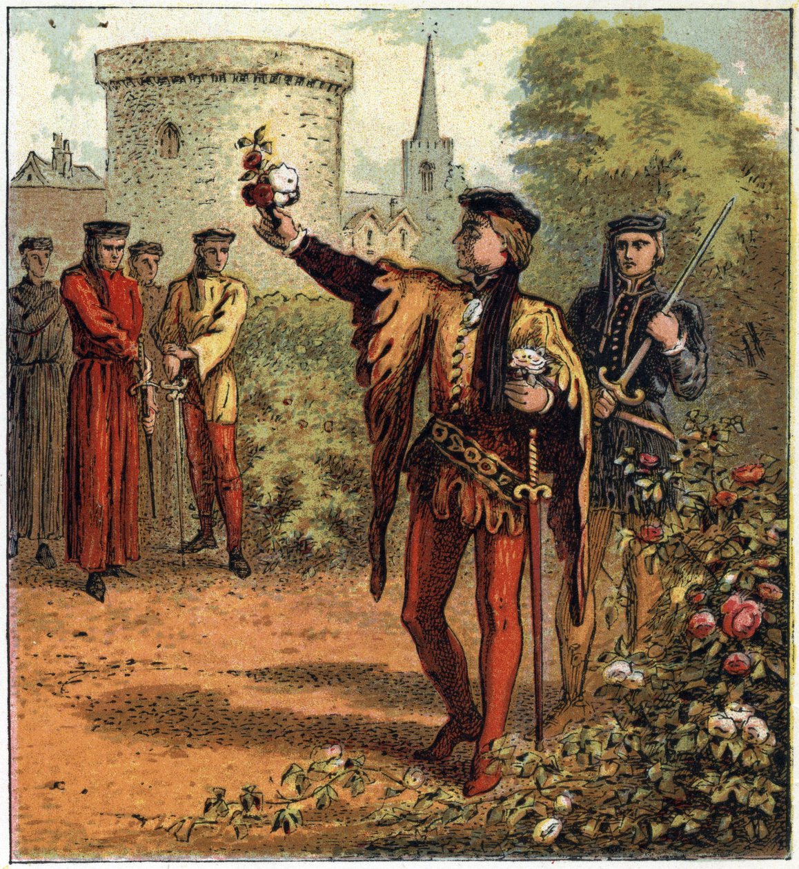 Válka dvou růží (1455-1485): začátek konfliktu. Jeden lord z Royal House of York vybírá bílou růži a další z Royal House of Lancaster vybírá červenou růži. Ilustrace anglické občanské války zrozené rozdělením su od English School