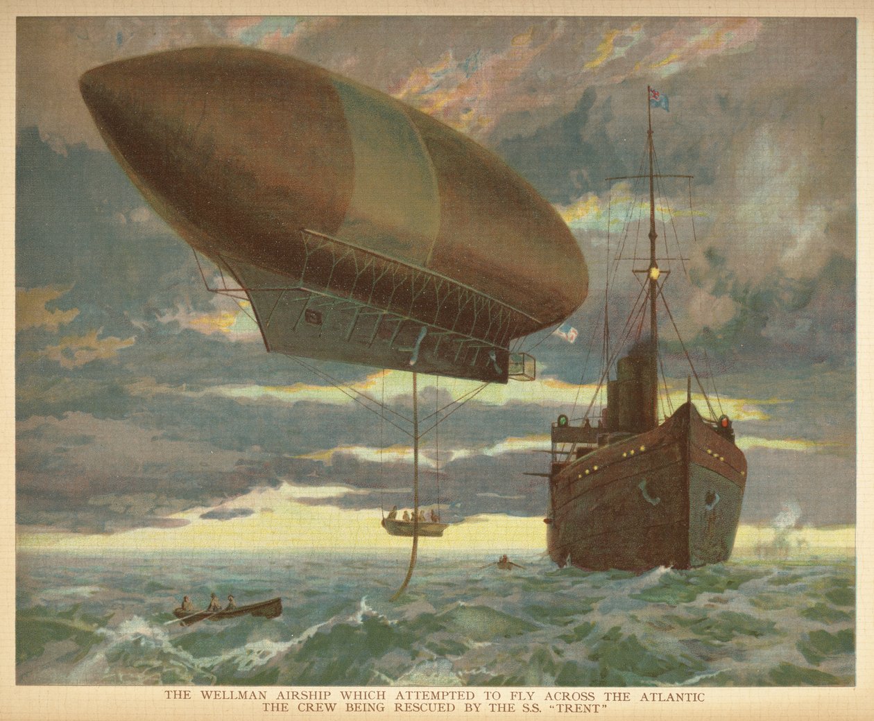 „Vzducholoď Wellman, která se pokusila přeletět přes Atlantik, posádku zachránila SS „Trent“. Kniha vzducholodí malých lidí. Londýn: Ernest Nister, [1912] od English School