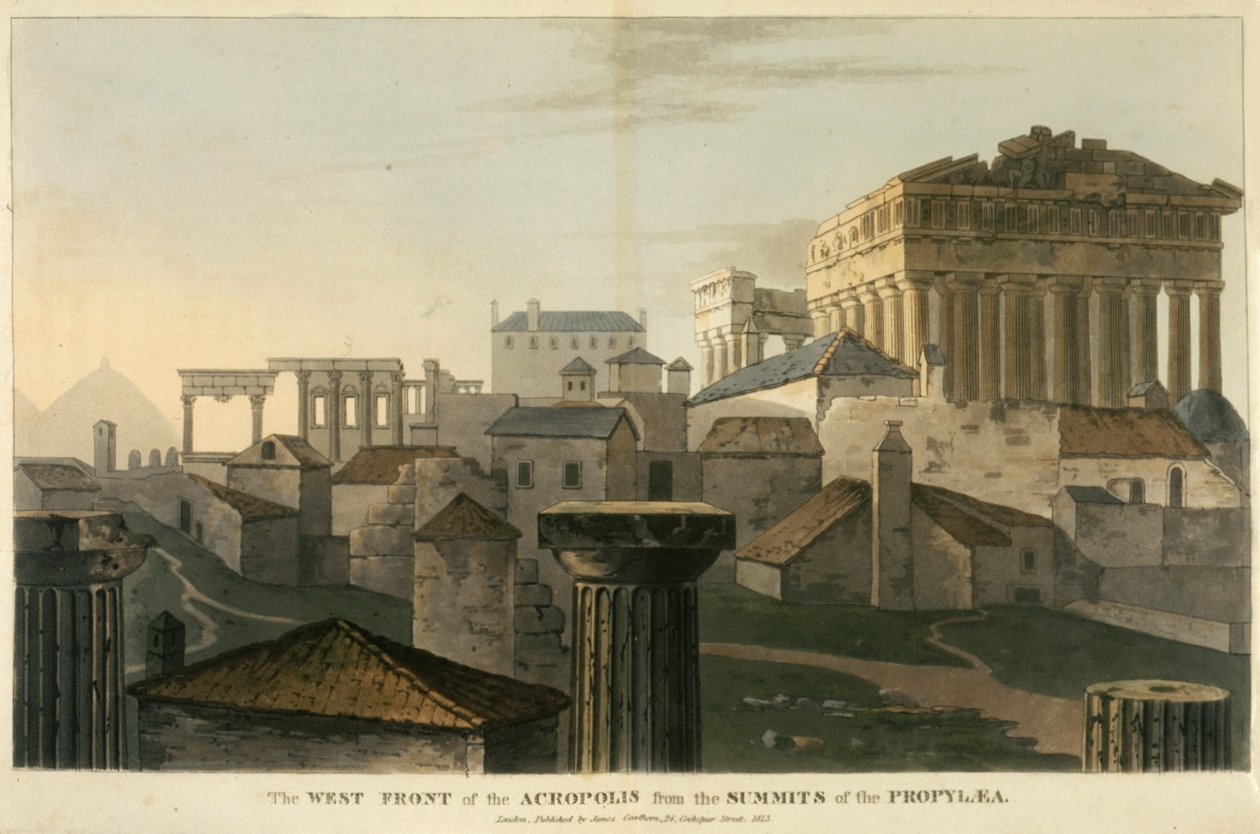 Západní fronta Akropole z vrcholků Propylea, ilustrace z „Cesta přes Albánii a další provincie...do Konstantinopole, v letech 1809-1810“ od J.C. Hobhouse od English School