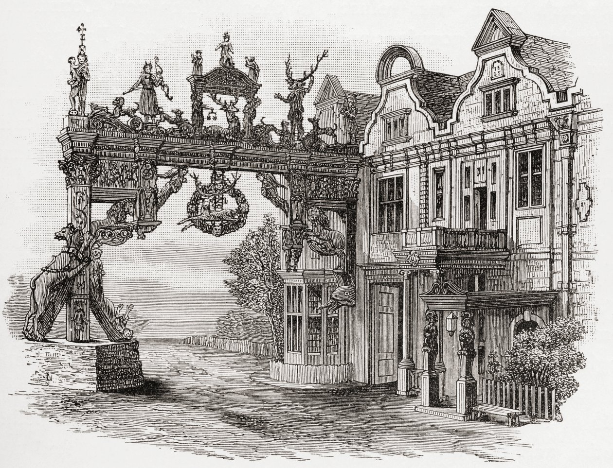 The White Hart Inn, Scole, Norfolk v 17. století, z „Krátké historie anglického lidu“ od J. R. Greena, vydané v roce 1893 od English School