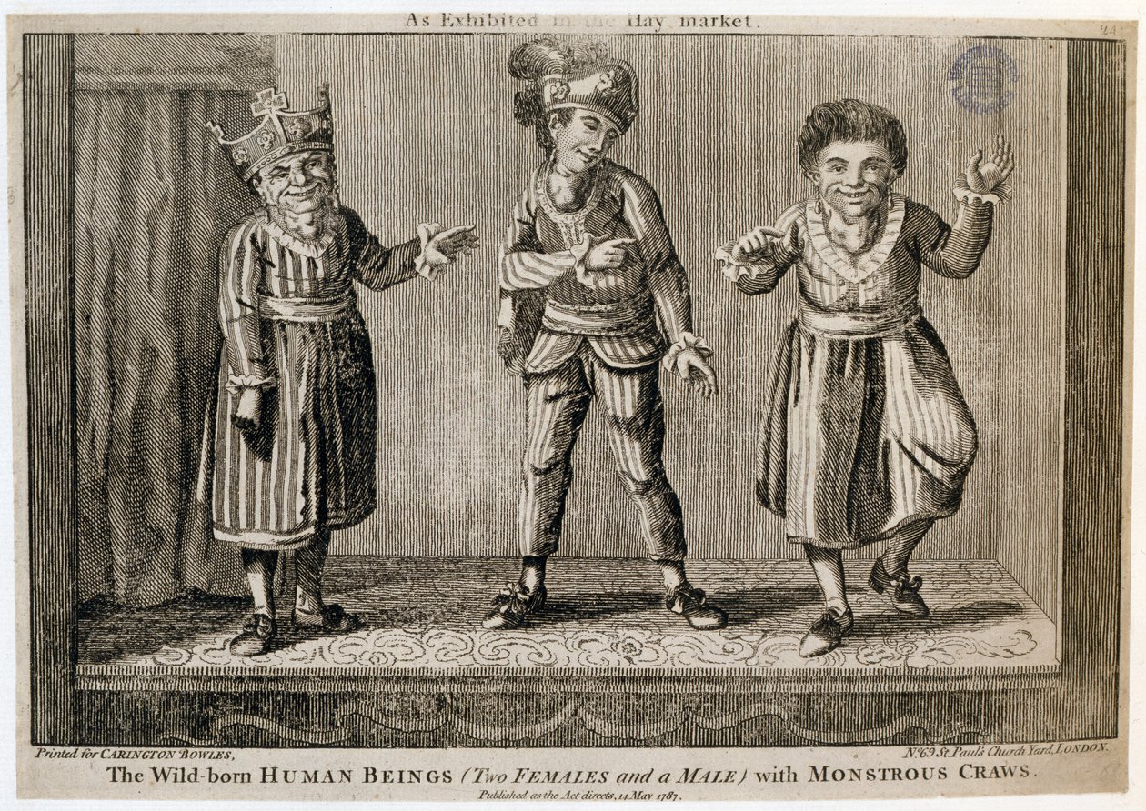 Divoké zrozené lidské bytosti (dvě ženy a muž) s monstrózními krávy, jak byly vystaveny na Haymarket, vytištěny pro Carington Bowles, 1787 od English School