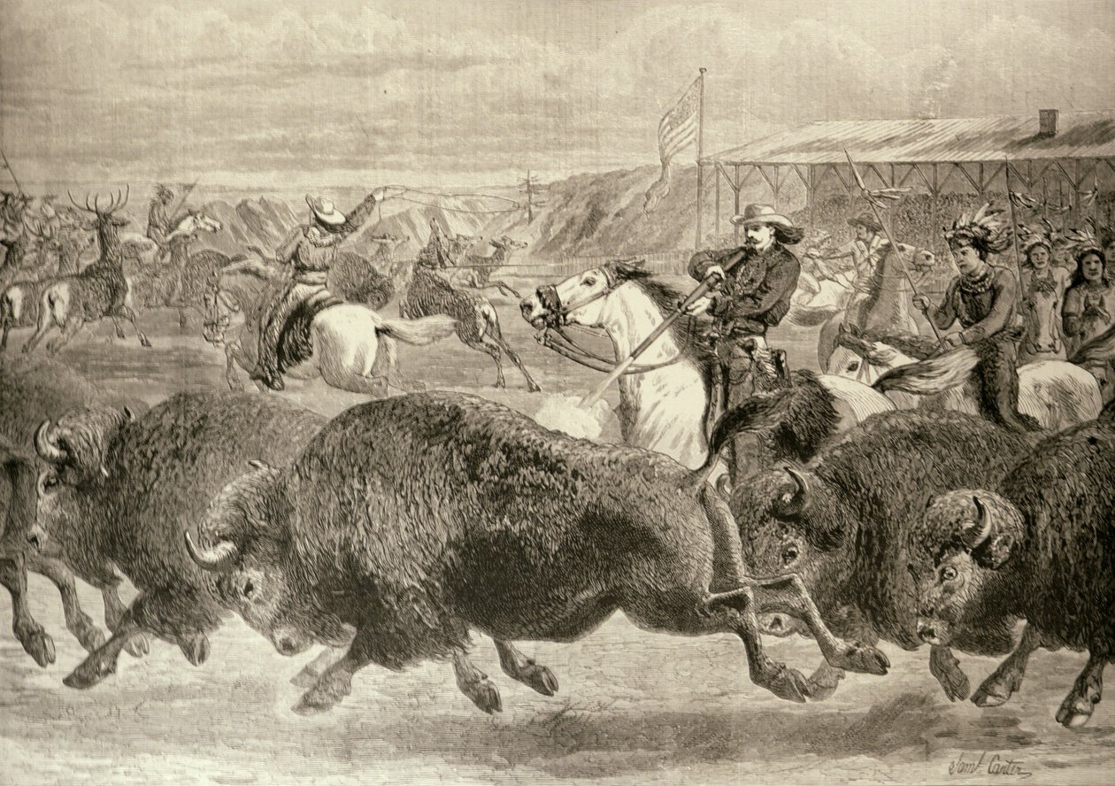 „Divoký západ“ na Velké americké výstavě: Lov bizonů a jelenů Wapiti, z „The Illustrated London News“, 18. června 1887 od English School
