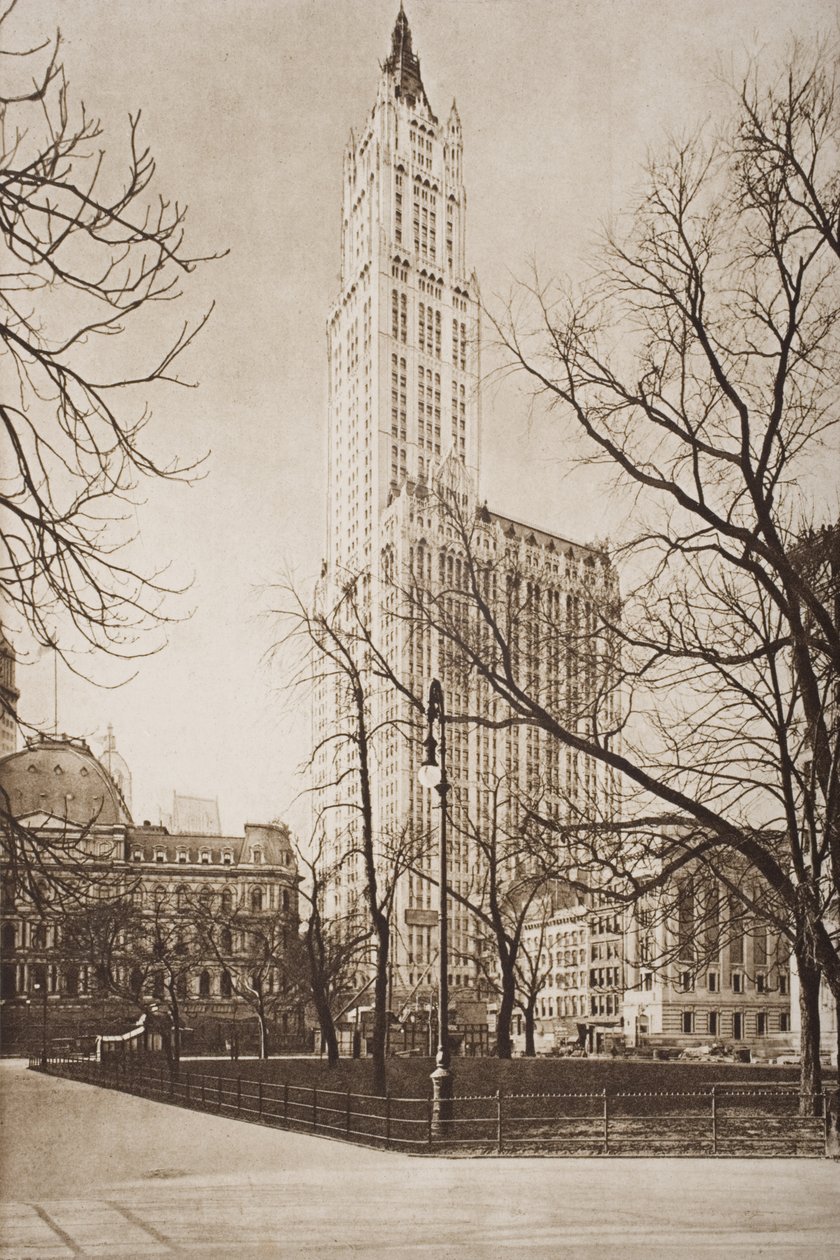 Budova Woolworth, New York, ilustrace z knihy H. G. Wellse "Nástin dějin", II. díl, vydané v roce 1920. od English School
