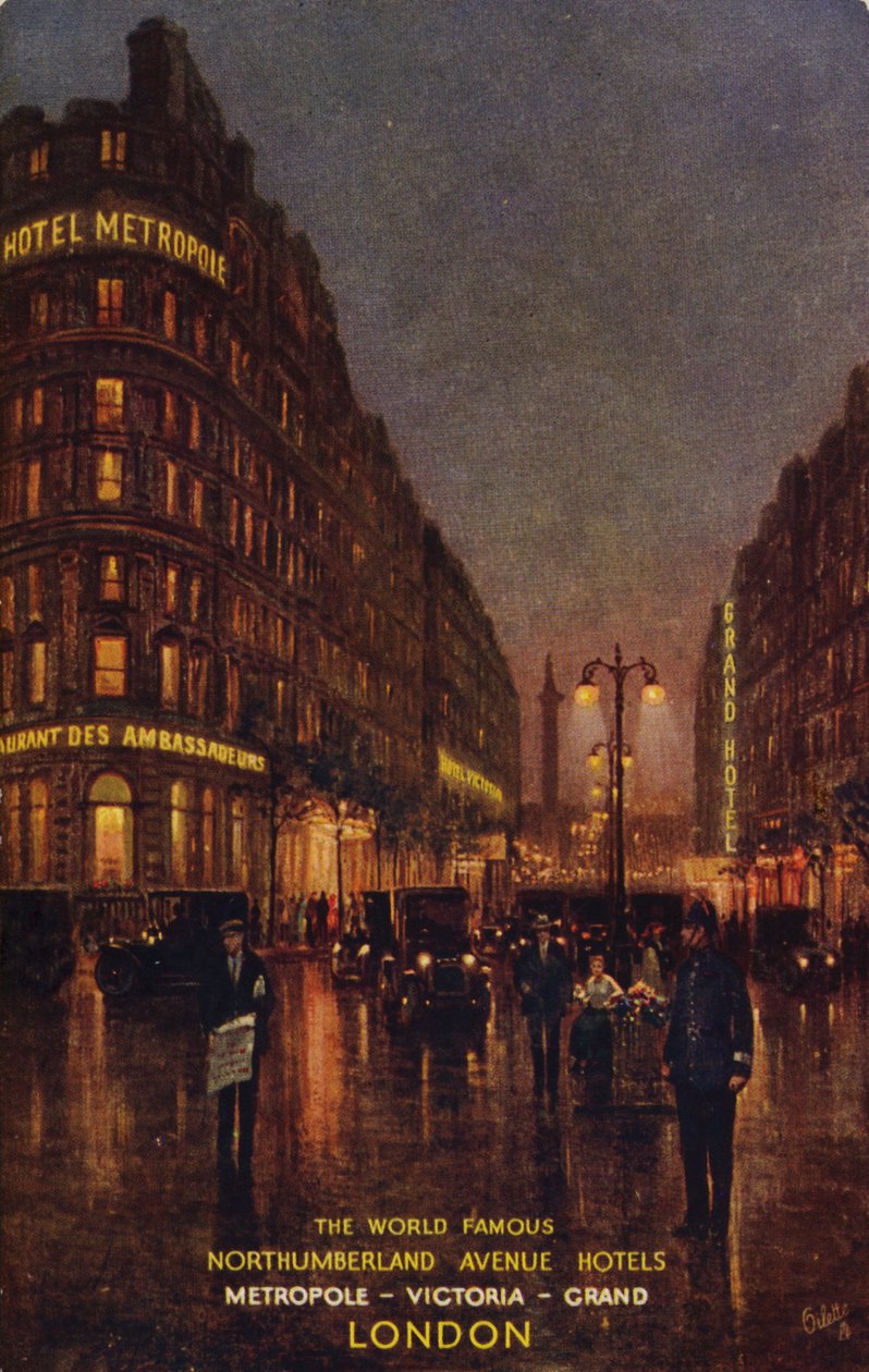 Světově proslulé hotely Northumberland Avenue, Metropole, Victoria, Grand, Londýn (barevná litografie) od English School