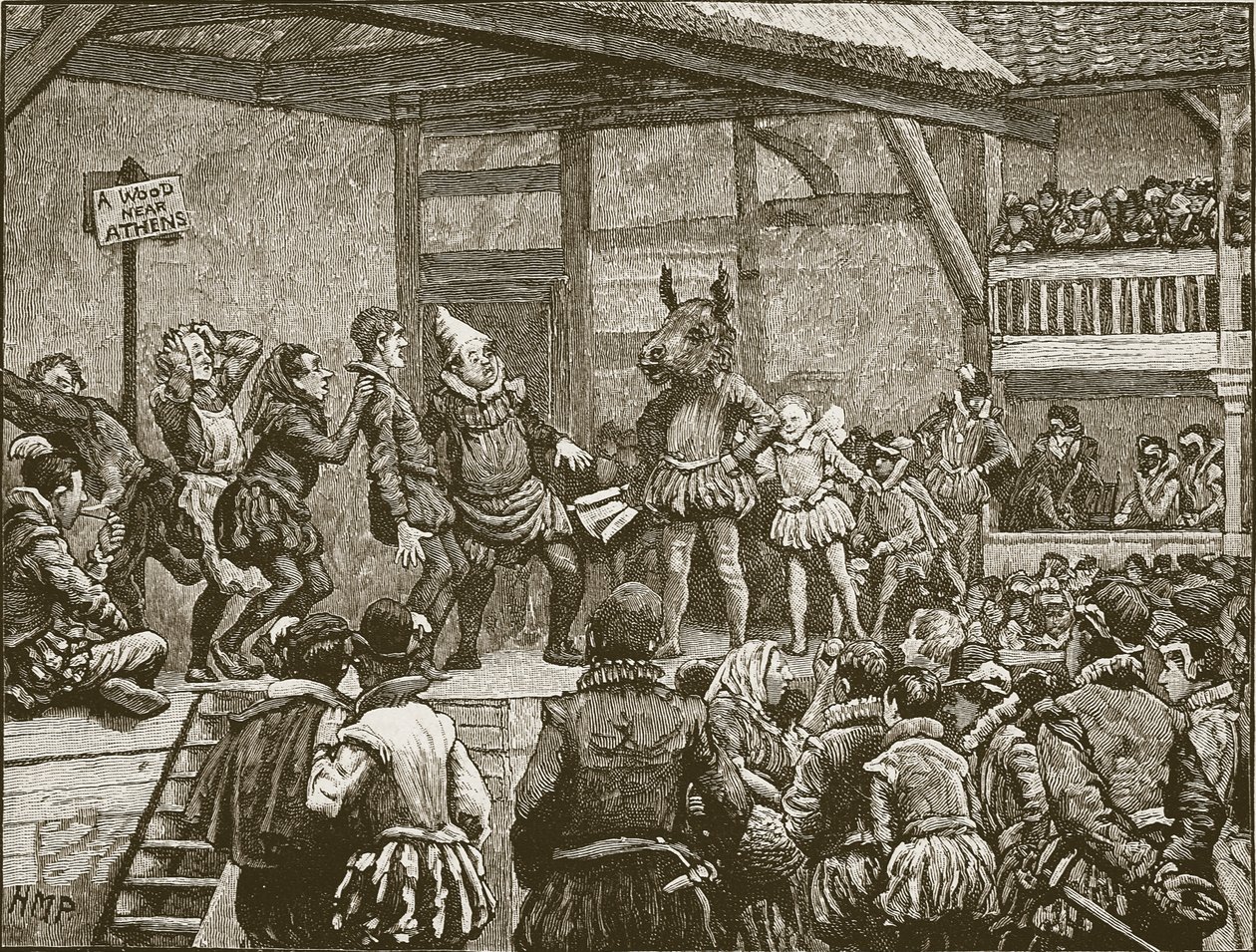 Hra jedné ze Shakespearových her v době královny Alžběty, ilustrace z Cassells Illustrated History of England (sépiová fotografie) od English School