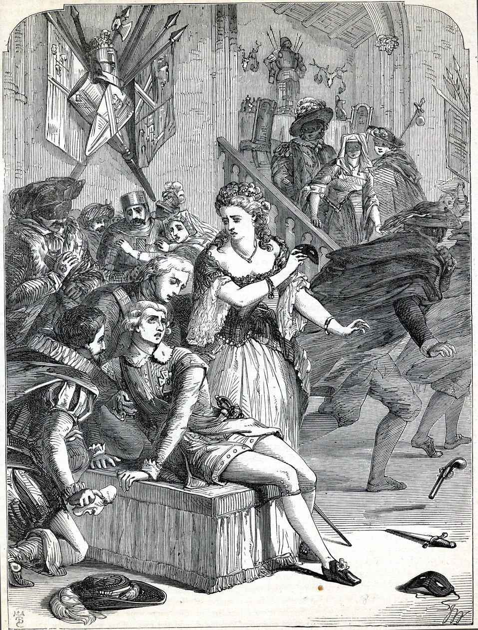 Zavraždění Gustava III. Jackobem Johanem Anckarströmem na maškarním plese, Stockholm, Švédsko, 1792 (rytina) od English School