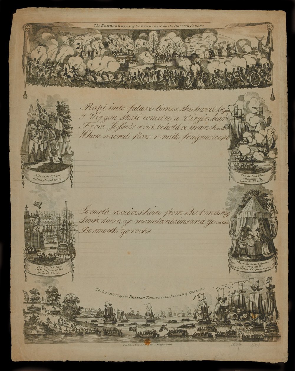 Bombardování Kodaně britskými silami a vylodění britských sil na ostrově Zélandu, publikovali T. a R. Hughesovi v roce 1807 od English School