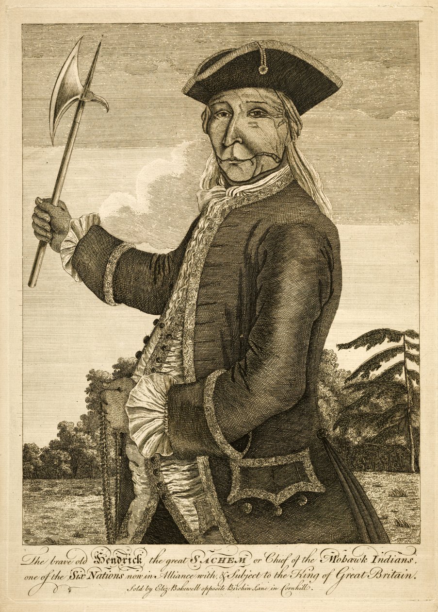 Starý statečný Hendrick Velký Sachem neboli náčelník indiánů kmene Mohawků, pub. 1755 (rytina) od English School