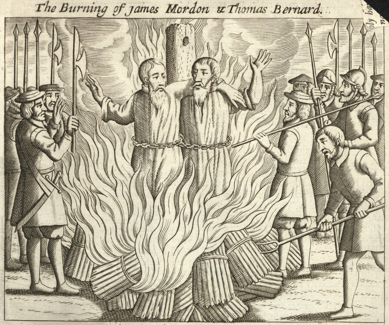 Upálení Jamese Mordena a Thomase Bernarda (rytina) od English School