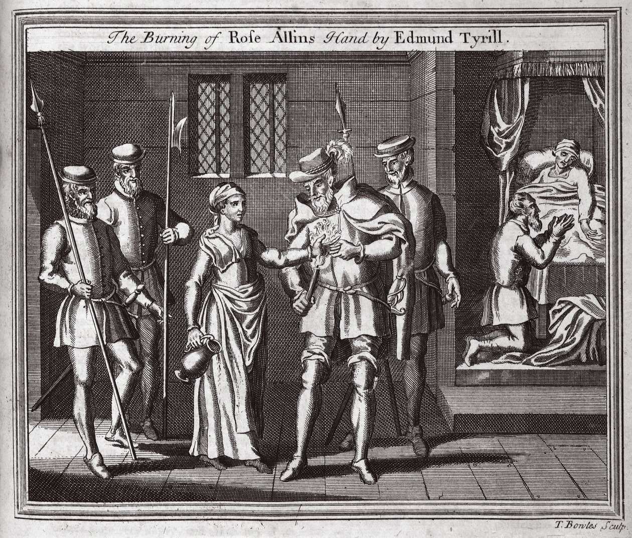 Spálení ruky Rose Allins od Edmunda Tyrilla, ilustrace z Foxes Martyrs c.1703 od English School