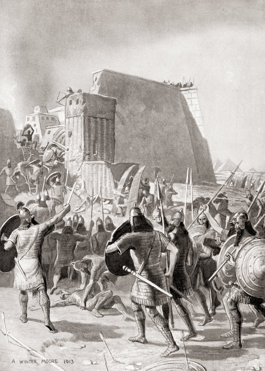 Dobytí Memphisu v Egyptě asyrským králem Esarhaddonem, 671 př. n. l., z Hutchinson