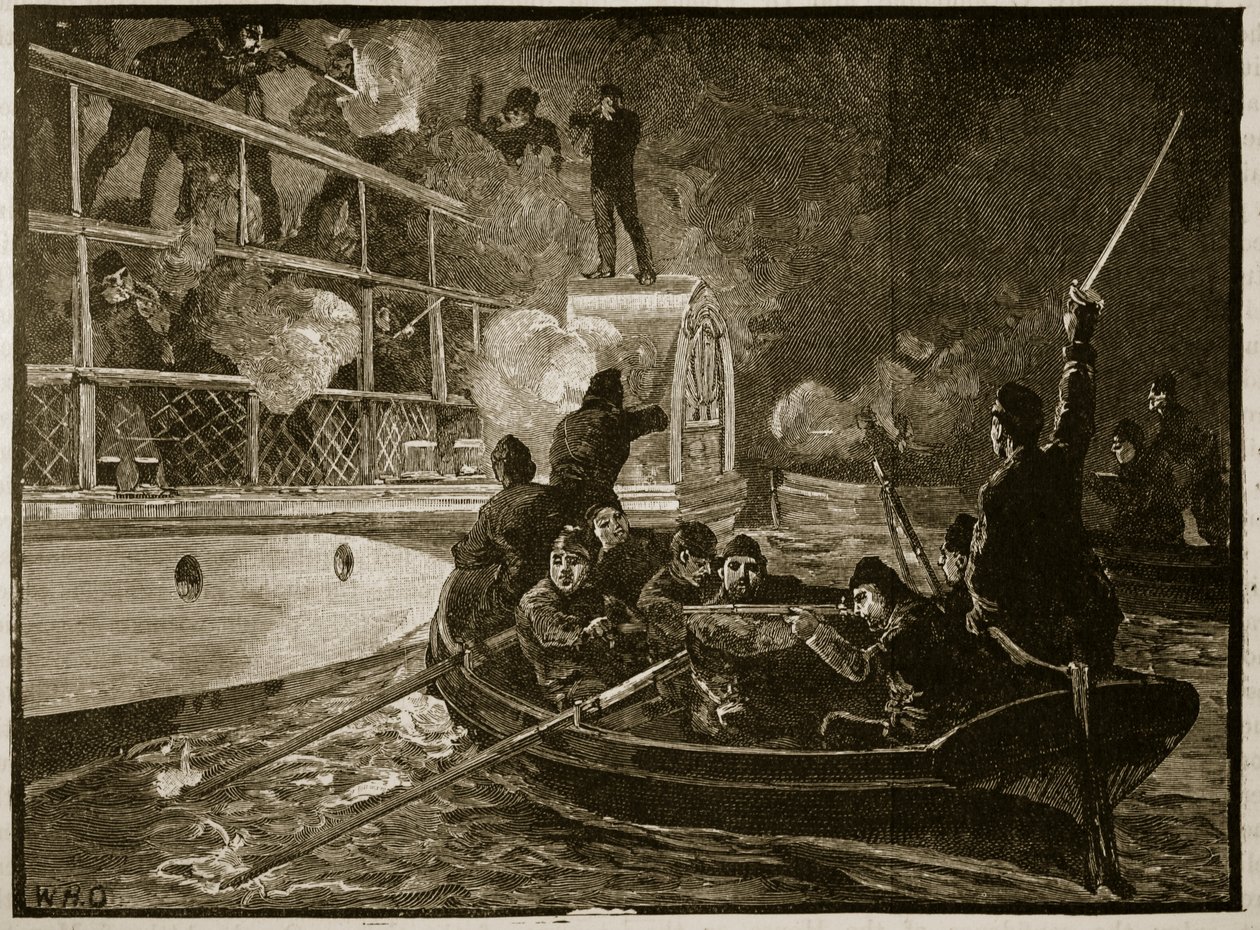 Zajetí lodi Caroline, 1837, ilustrace z Cassells Illustrated History of England (sépiová fotografie) od English School