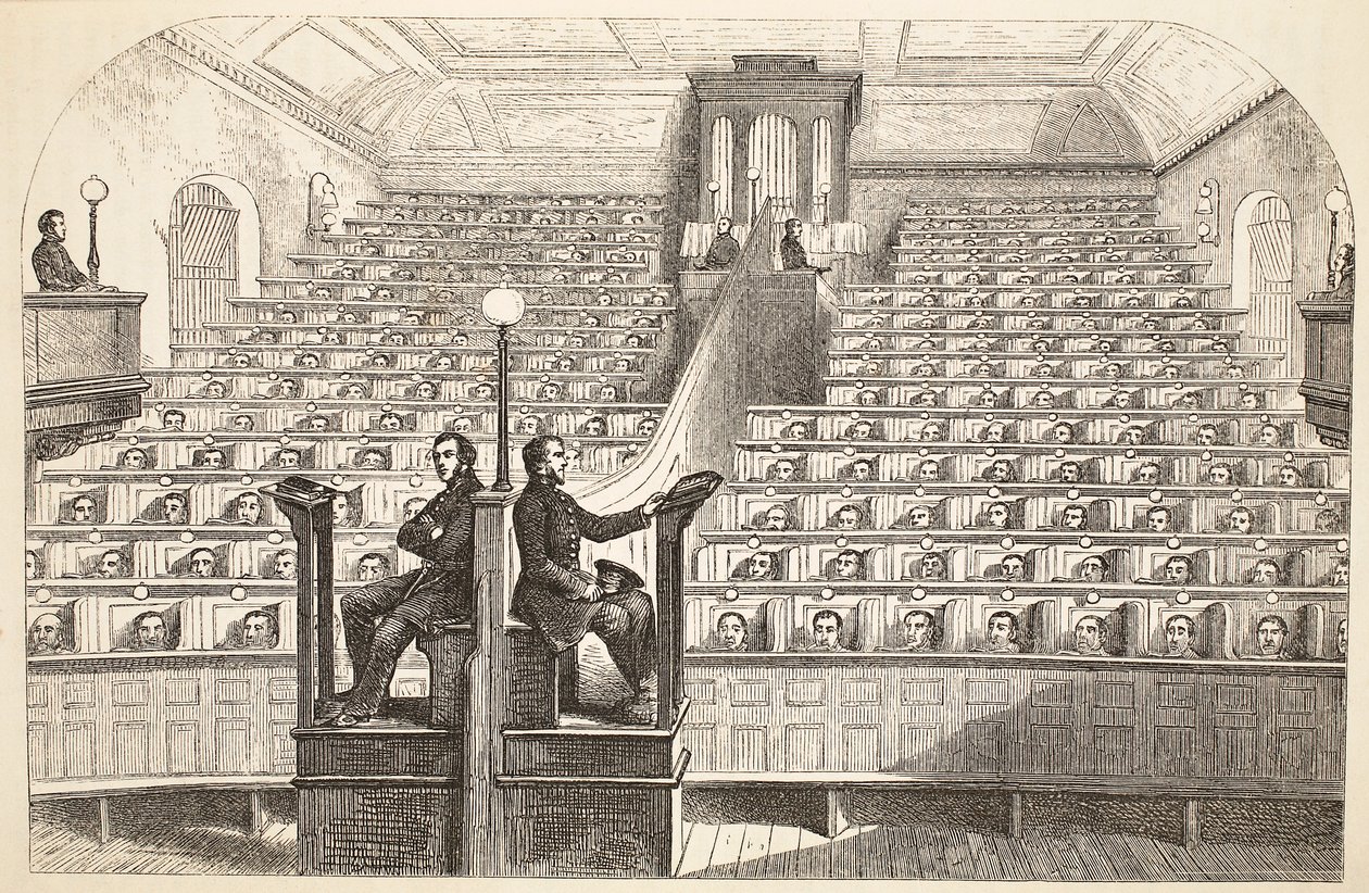 Kaple s odděleným systémem ve věznici Pentonville během bohoslužby, ilustrace z knihy The Criminal Prisons of London and Scenes from Prison Life od Henryho Mayhewa a Johna Binnyho, vyd. 1862 od English School