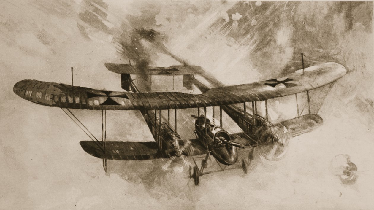 Příchod velkého bojového letounu: německý dvouplošník dvojnásobné velikosti, který nasadili britští letci, z The Illustrated War News od English School