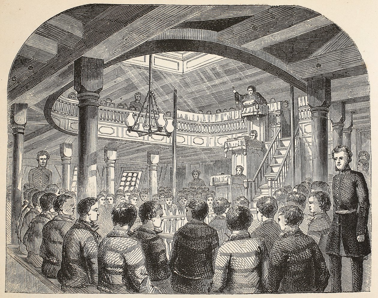 Odsouzenecká kaple na palubě lodi Defence hulk ve Woolwichi, ilustrace z knihy The Criminal Prisons of London and Scenes from Prison Life od Henryho Mayhewa a Johna Binnyho, pub. 1862 od English School