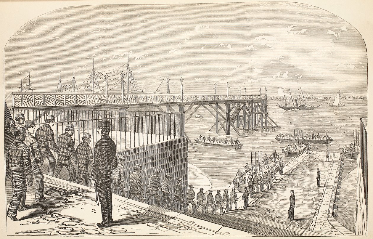Odsouzenci vracející se z práce v Arsenalu do věznice, ilustrace z knihy The Criminal Prisons of London and Scenes from Prison Life od Henryho Mayhewa a Johna Binnyho, vyd. 1862 od English School
