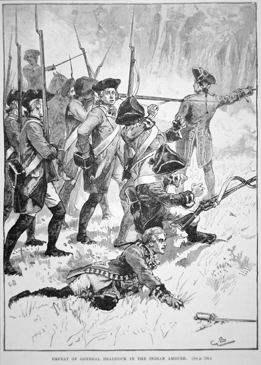 Porážka a smrt generála Edwarda Braddocka v indickém Ambush (litho) od English School