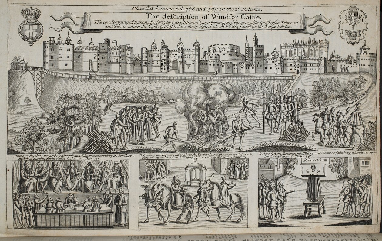 Popis hradu Windsor, ilustrace z Acts and Monuments od Johna Foxe, deváté vydání, hospoda. 1684 od English School