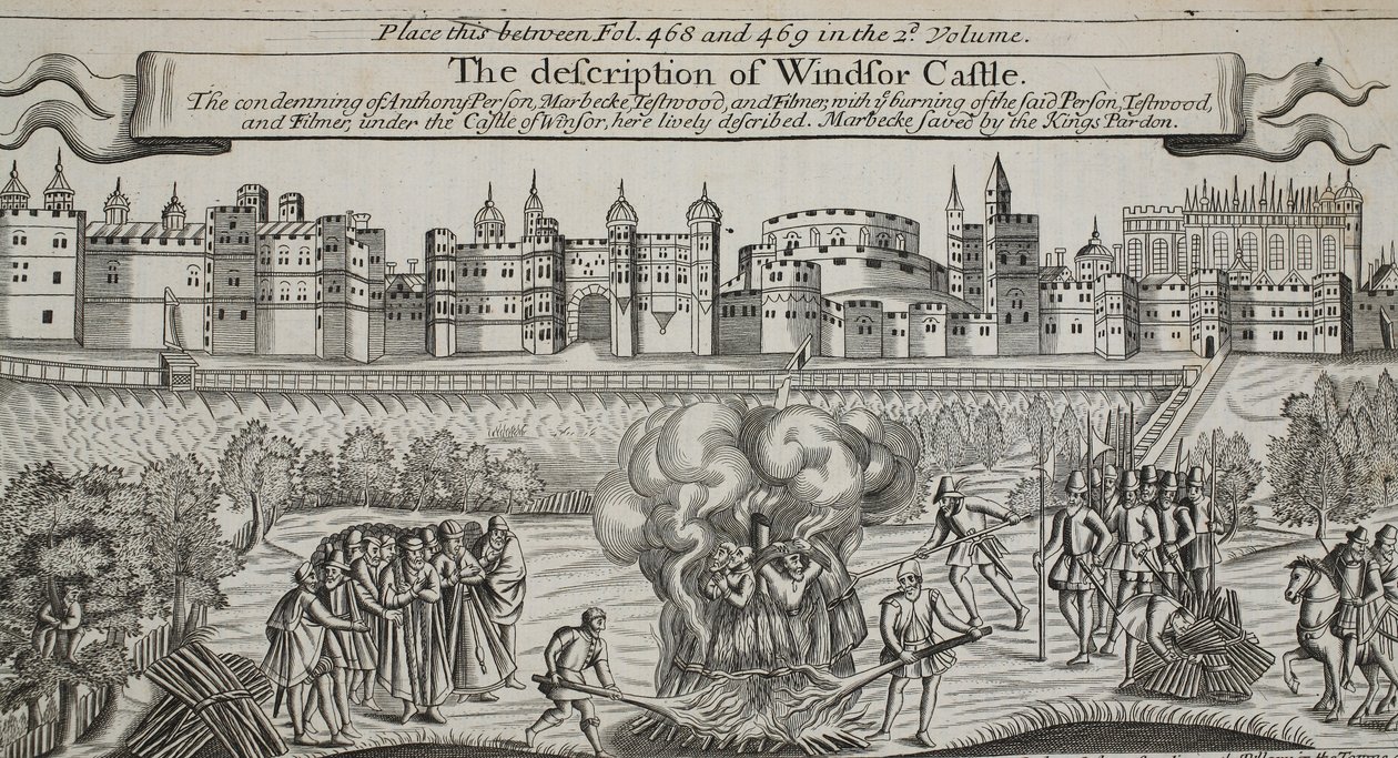 Popis hradu Windsor, ilustrace z Acts and Monuments od Johna Foxe, deváté vydání, hospoda. 1684 od English School