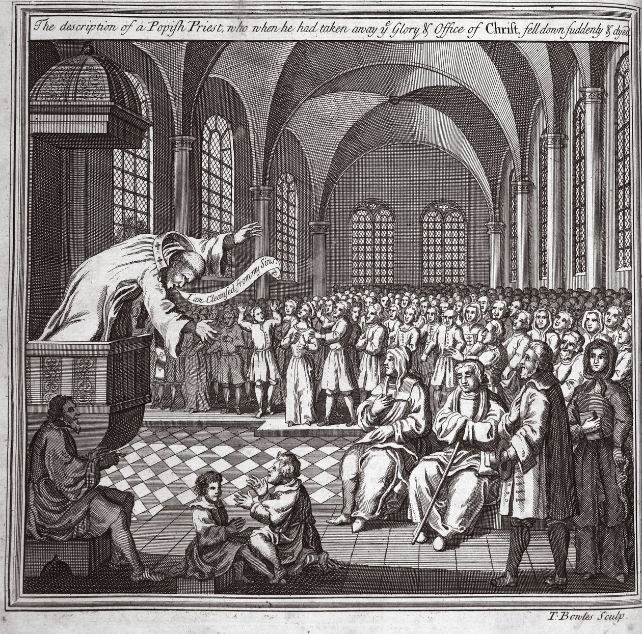 Popis papežského kněze, který když vám vzal slávu a úřad Krista, náhle upadl a zemřel, ilustrace z Foxes Martyrs kolem roku 1703 od English School