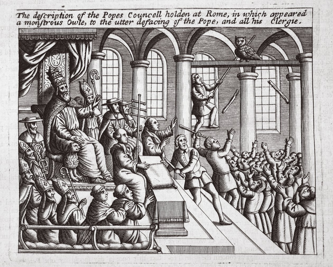 Popis papežského koncilu konaného v Římě, na kterém se objevila monstrózní sova k naprostému znesvěcení papeže a všech jeho duchovenstva, ilustrace ze Skutků a pomníků od Johna Foxe, deváté vydání od English School