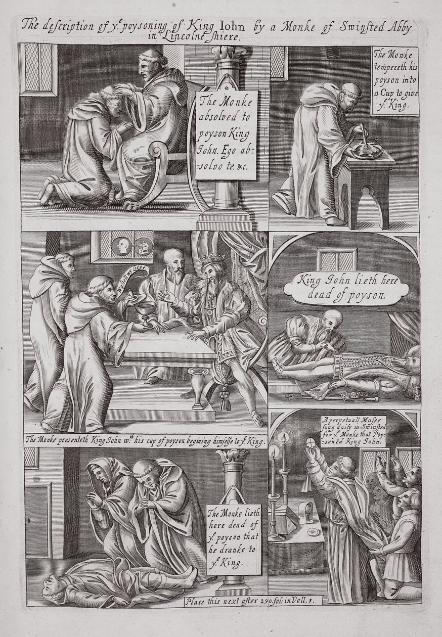 Popis otravy krále Jana mnichem z opatství Swinstead v Lincolnshire, ilustrace z Acts and Monuments od Johna Foxe, deváté vydání, pub. 1684 od English School