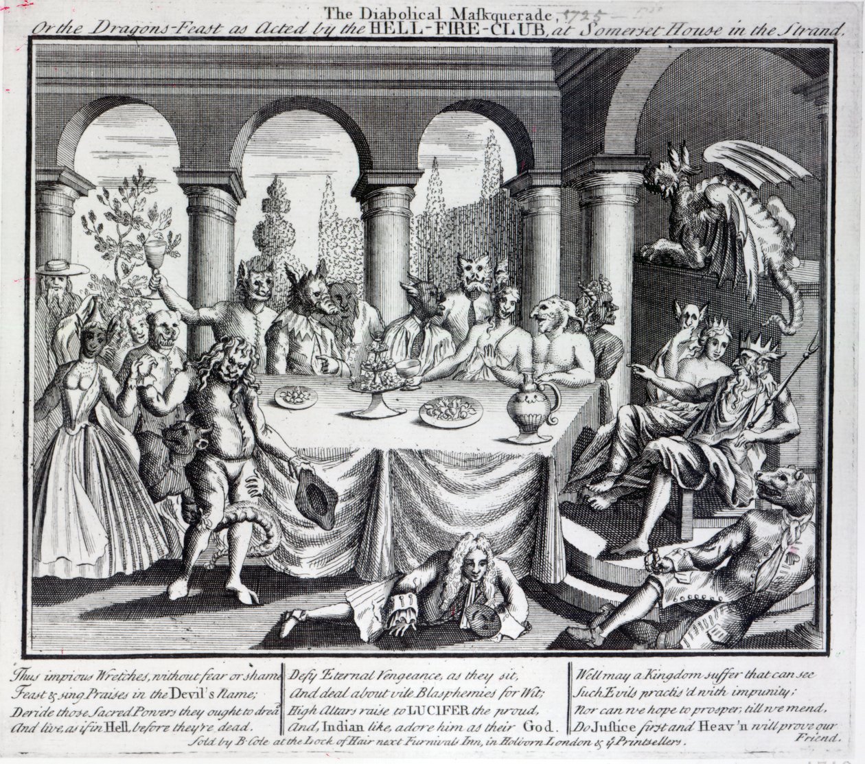 Ďábelská maska, neboli dračí hostina v podání Hell-Fire-Club, v Somerset House in the Strand, kolem roku 1721 od English School