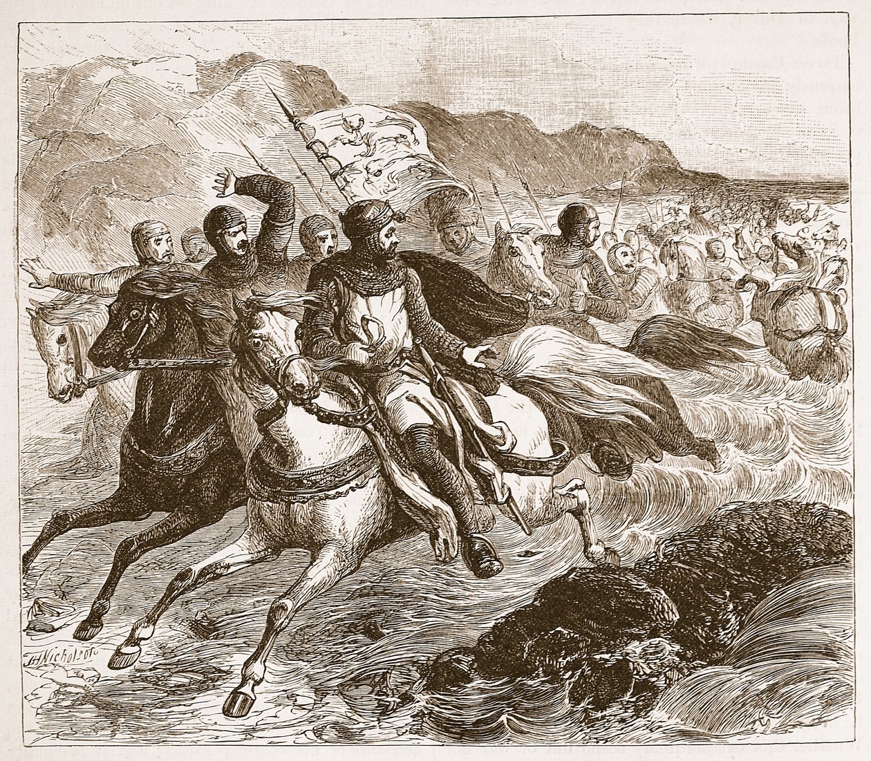 Katastrofa Johnsovy armády u Wash, ilustrace z Cassells Illustrated History of England (sépiová fotografie) od English School