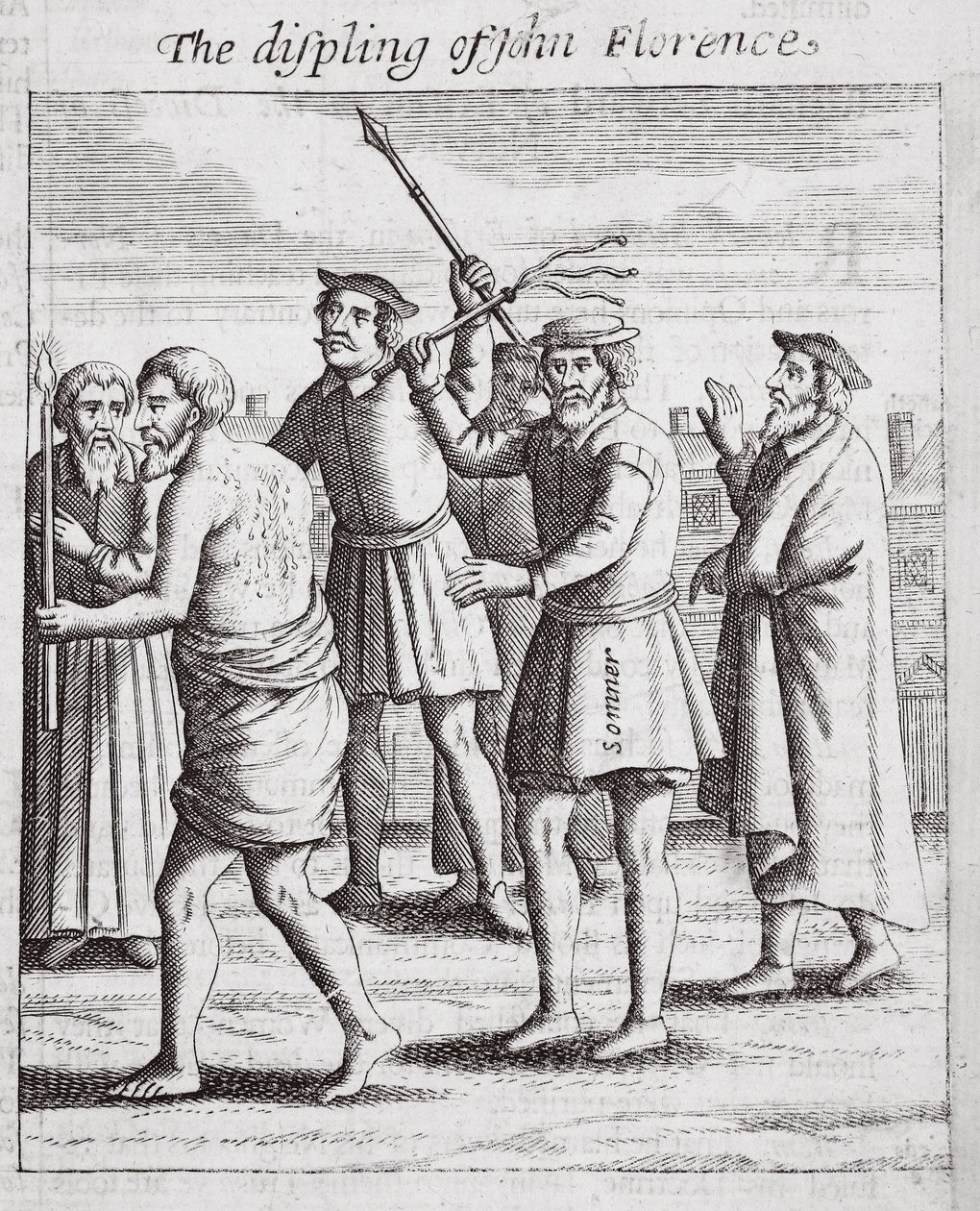 The displing of John Florence, ilustrace z Acts and Monuments od Johna Foxe, deváté vydání, pub. 1684 od English School