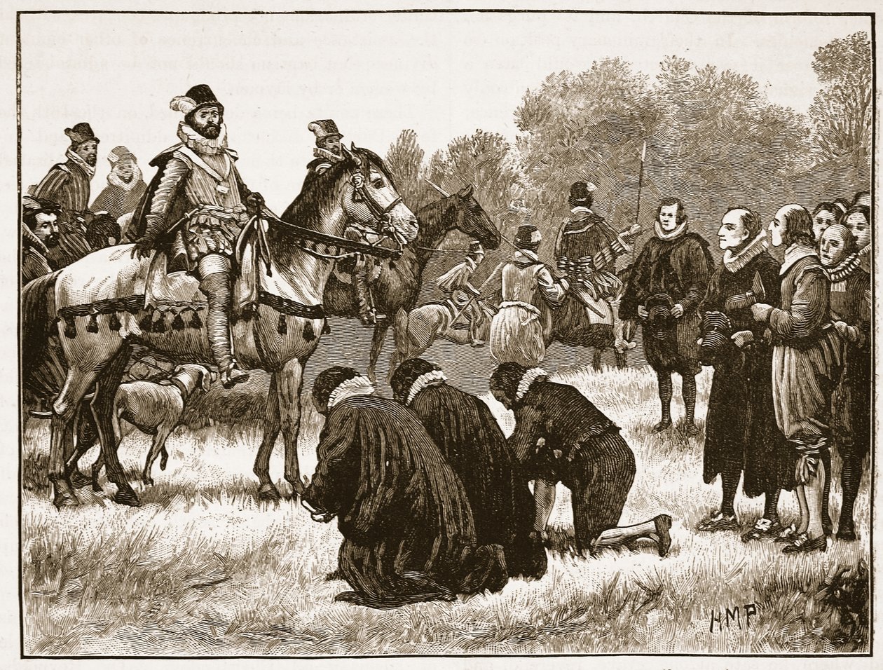 Disidenti předkládají Jakubovi svou petici, ilustrace z Cassells Illustrated History of England (sépiová fotografie) od English School