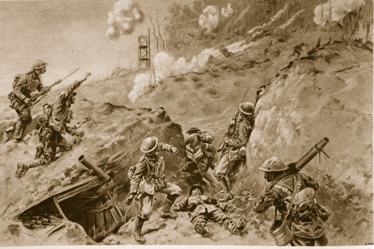 Hrůzné prohlubně, které vedly do Oppy Wood, britské bombardéry pracující podél německých zákopů, 1914-19 od English School