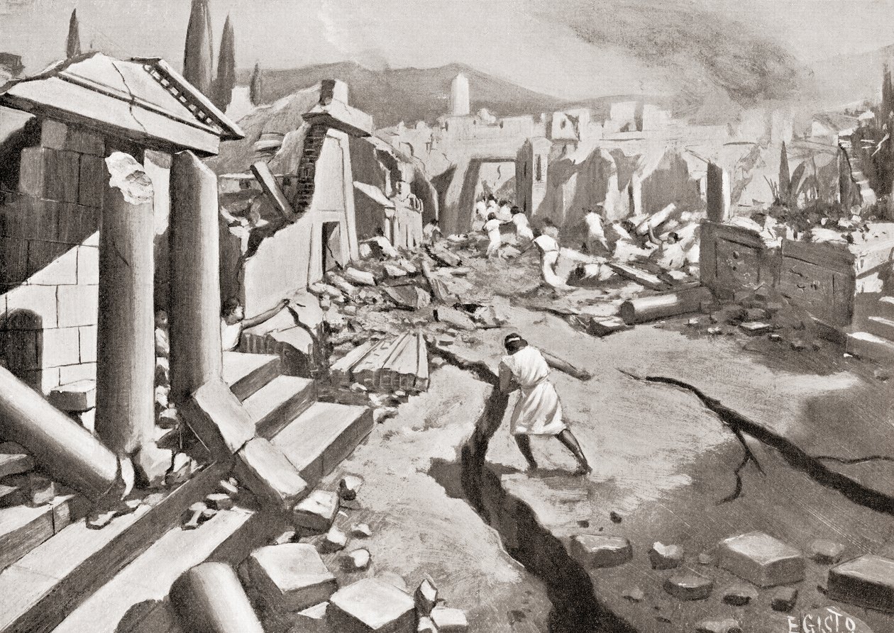 Zemětřesení ve Spartě, starověké Řecko, 464 př.nl, z Hutchinsonovy Dějiny národů, pub. 1915 od English School