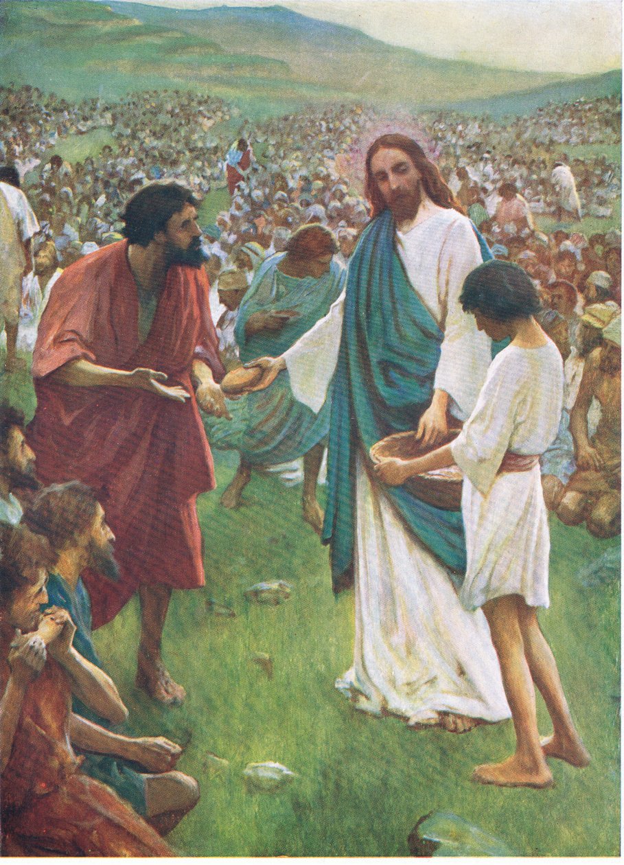 Sytí pěti tisíc lidí, z knihy The Bible Picture Book vydané nakladatelstvím Thomas Nelson, cca 1950 (barevná litografie) od English School