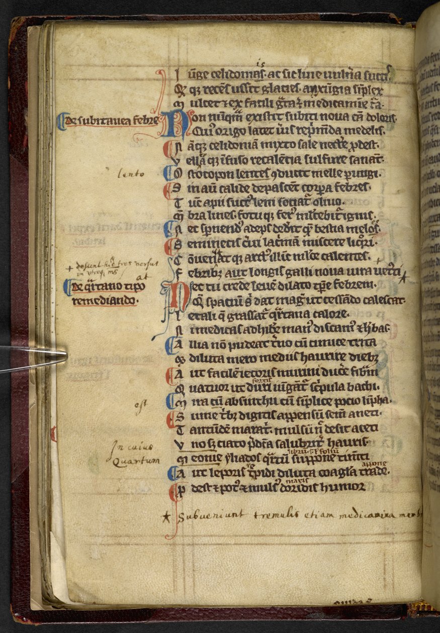 První zaznamenaná zmínka o frázi „Abracadabra“ jako léku na malárii z „Liber medicalis, napsal Quintus Serenus Sammonicus“, Canterbury (inkoust a barva na pergamenu) od English School