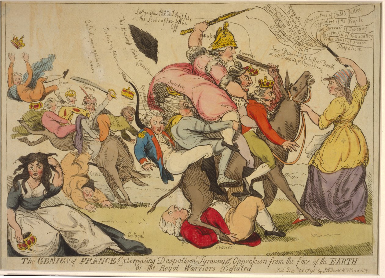 Génius Francie vyhlazující despotismus, tyranii a útlak z povrchu zemského aneb poražení královští válečníci, 1792 (ručně kolorovaný lept) od English School