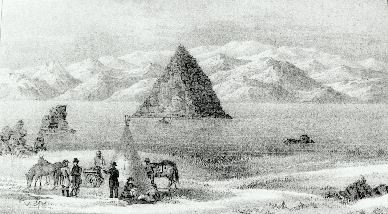 Houfnice u Pyramid Lake v lednu 1844, ze Zprávy o průzkumné expedici do Skalistých hor v roce 1842 a do Oregonu a Severní Karolíny v letech 1843-44 od Johna C. Fremonta, vydáno 1845 (lit od English School