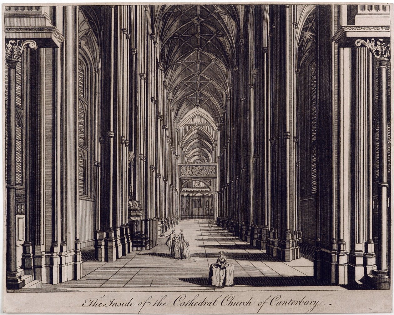 Vnitřek katedrálního kostela v Canterbury“, s výhledem na hlavní loď, ze západního konce, cca 1700-43 od English School