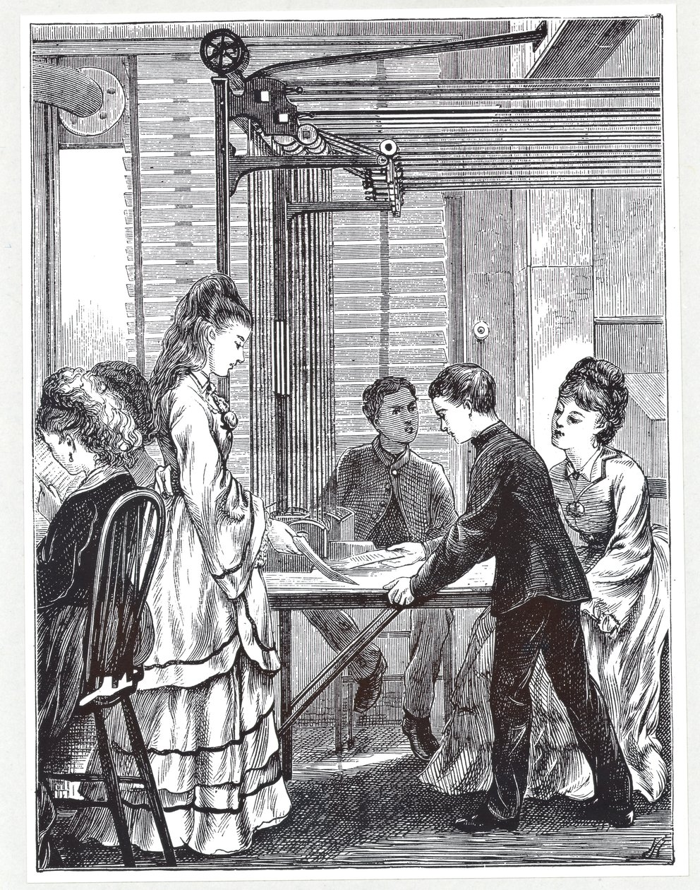 Nástroje pro přenos zpráv na Post Office Telegraph Headquarters, Telegraph Street, Londýn, z The Graphic, 1871 od English School