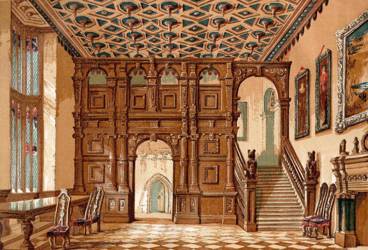 Interiér Methley Hall, Yorkshire, Anglie před jeho demolicí v roce 1963, ze staré Anglie: Obrazové muzeum, hospoda. 1847 od English School